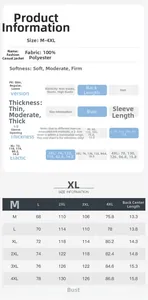 Detailed size chart for men's fleece jacket showing measurements from M to 4XL in centimeters