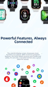 Smartwatch with 1.83 inch touch screen displaying multiple color options and health UI