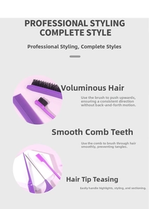 Macro view of purple hair styling brush set including teasing comb and edge control brush