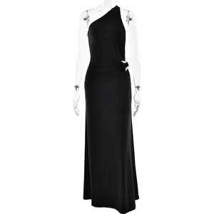 Elegant black one-shoulder maxi dress with side ruching and a gold metal ring detail