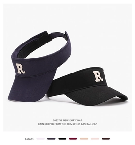 Detailed texture of sports sun visor featuring 3D embroidered letter R on fabric