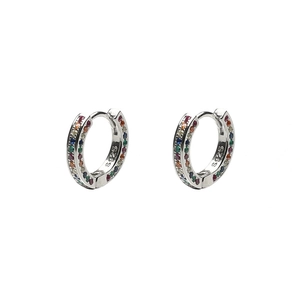 S925 sterling silver hoop earrings featuring colorful cubic zirconia on white background