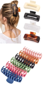 Detail view of 11 matte large hair claw clips in various shapes and colors for long hair