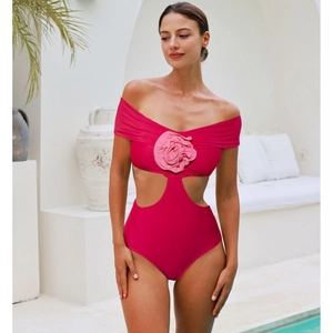 Fuchsia One Piece Swimsuit And Ruffled Skirt Polyester 3D Flower Cut Out Off Shoulder Vacation Beachwear For Women