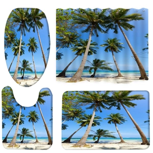 Tropical beach coconut trees bathroom set with shower curtain and non-slip floor mats