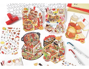 Flat lay of miniature food shop illustration stickers and creative journaling supplies