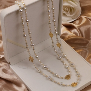 Long Faux Artificial Pearl Necklace With Hollow Alloy Camellia Flower Elegant Vintage Style Sweater Chain For Women