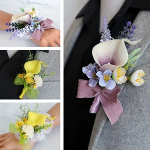 Calla lily boutonniere and wrist corsage set for wedding groom and bridesmaid