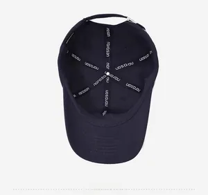 Top view of dark blue baseball cap interior with branded narason tape and metal buckle strap