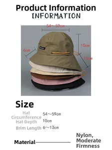 Size guide for nylon outdoor sun hat showing dimensions and adjustable drawstring details