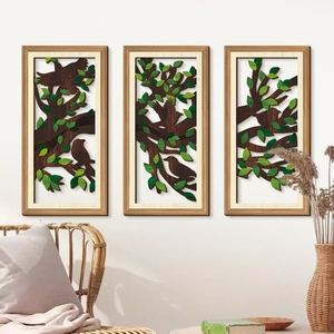 Set di tre quadri decorativi in legno con foglie e uccelli per decorare pareti di casa