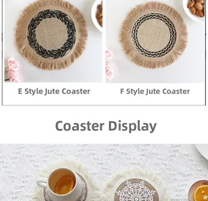 Close-up of handmade jute placemat with tassel edge and wheat pattern decoration