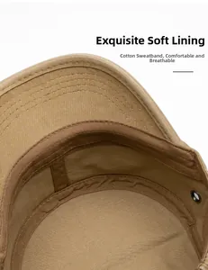 Macro shot of cotton flat top military hat showing soft lining and breathable sweatband