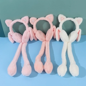 Winter plush moving ear muffs with cute cat ears and sequins in pink and white