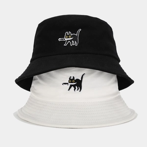 Black and white cotton bucket hats featuring funny cat embroidery with a knife design