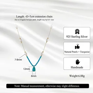 Handmade 925 silver necklace with white pearls and turquoise drop pendant, 43+5cm chain