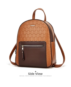 Side view of tan and dark brown faux leather backpack with embossed chain pattern