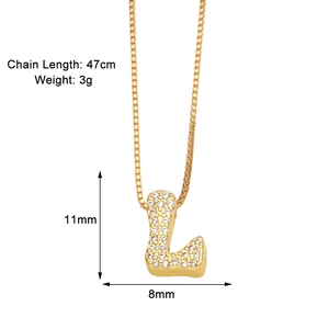 Detail showing dimensions of gold 'L' pendant with zirconia and box chain length