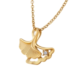 Elegant gold ginkgo leaf pendant necklace with a sparkling diamond-accented fan design