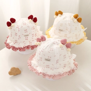 Chapeau Soleil Bébé Fille Bob Mélange Coton Imprimé Cerise Volant Plaid Nœud Respirant Style Lolita Extérieur Casquettes