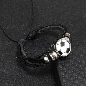 Bracelet de football ajustable en cuir tressé noir avec perle en métal argenté