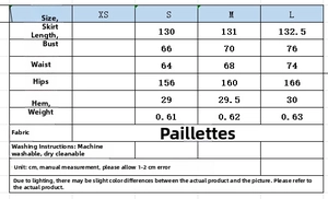 Tableau des tailles détaillé pour la robe de soirée à paillettes avec mesures de buste