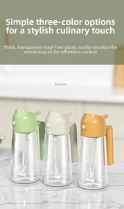 Three-color glass oil spray bottles in green, cream, and orange with clear scales