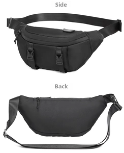 Detail view of black nylon tactical chest bag showing side profile and back zipper pocket