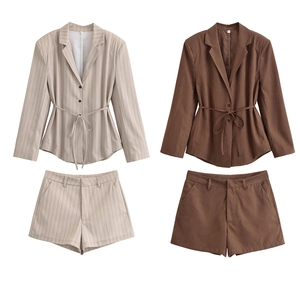 Women Blazer And Shorts Outfits Long Sleeve Tie Waist Lapel Casual Office Streetwear Polyester Striped Solid