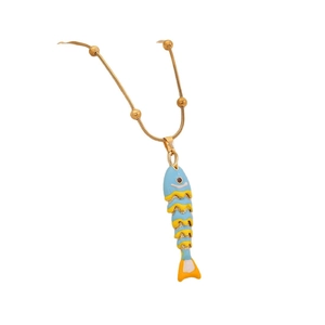 Articulated fish pendant necklace in gold with blue and yellow enamel details
