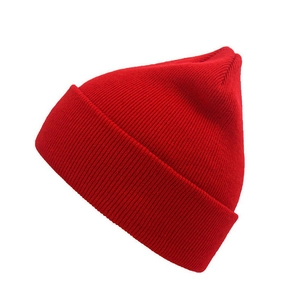 Classic bright red ribbed knit beanie hat with wide cuff for autumn and winter warmth