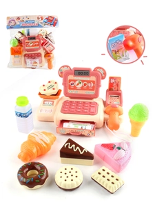 Detailed view of play cash register with scanner and realistic toy food accessories