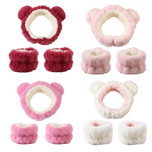 Plush headband and wristband set in burgundy, pink, and cream white, four-set collection