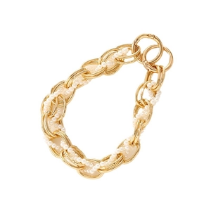 Elegant gold metal chain with woven white pearls and secure ring clasps for bags