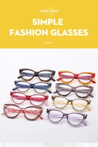 Detail view of stylish TR90 cat-eye eyewear frames in eight trendy color patterns