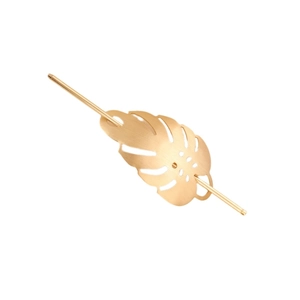 Elegant golden metal hair stick with hollow leaf design for women on white background