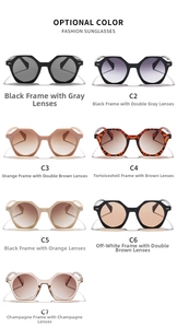 Detailed grid showing seven color variations of geometric polygonal sunglasses for women