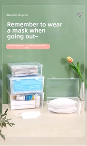 Close-up of a transparent storage box with a secure buckle for face masks and medicine