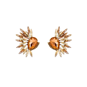 Vintage gold sunflower stud earrings with amber teardrop crystal and halo of diamonds