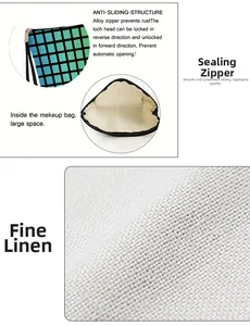 Detail of checkered linen cosmetic bag with durable anti-rust alloy zipper and large capacity