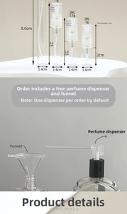 Detail view of small glass perfume atomizers with size dimensions and refill pump tools