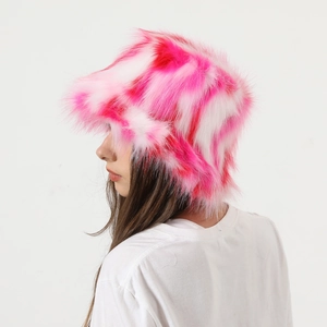 Detail of soft pink and white faux fur texture on this stylish plush bucket hat