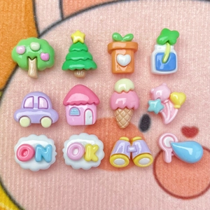 Mini macaron resin charms including trees, houses, and cars for DIY phone case crafts