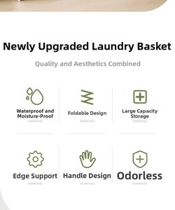 Detail showing waterproof material foldable design and large capacity laundry hamper features
