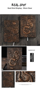Macro detail of the red bronze 3D embossed dragon totem on a vintage leather notebook