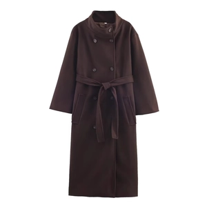 Women's dark coffee long wool coat with double-breasted buttons and waist belt