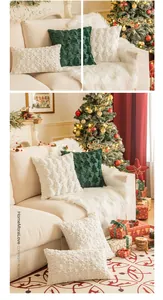 Close-up of plush Christmas pillows with embroidered 3D snowflakes and tree textures