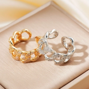 Minimalist Cuban Chain Adjustable Opening Ring For Women Inlaid With Zirconia Gold Silver Plated Copper Fashion Jewelry