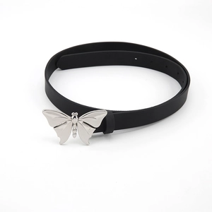Y2K aesthetic black PU leather belt with a vintage silver butterfly metal buckle
