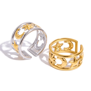 Double-layered 18K gold stainless steel open rings with star and moon cutouts